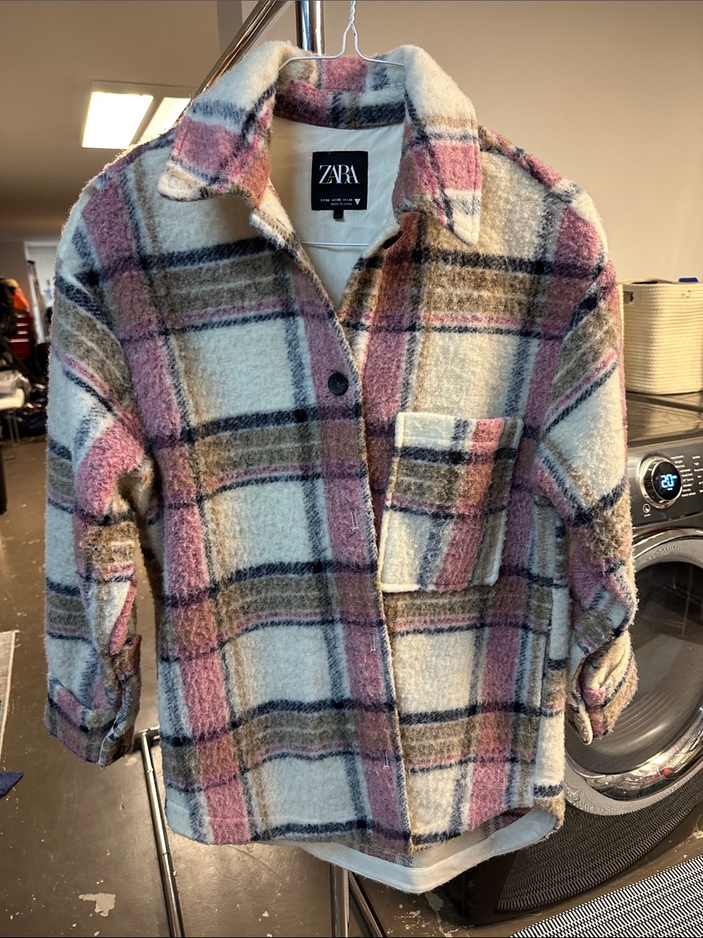 Zara Pink, Cream & Olive Plaid Button-Up Shacket
